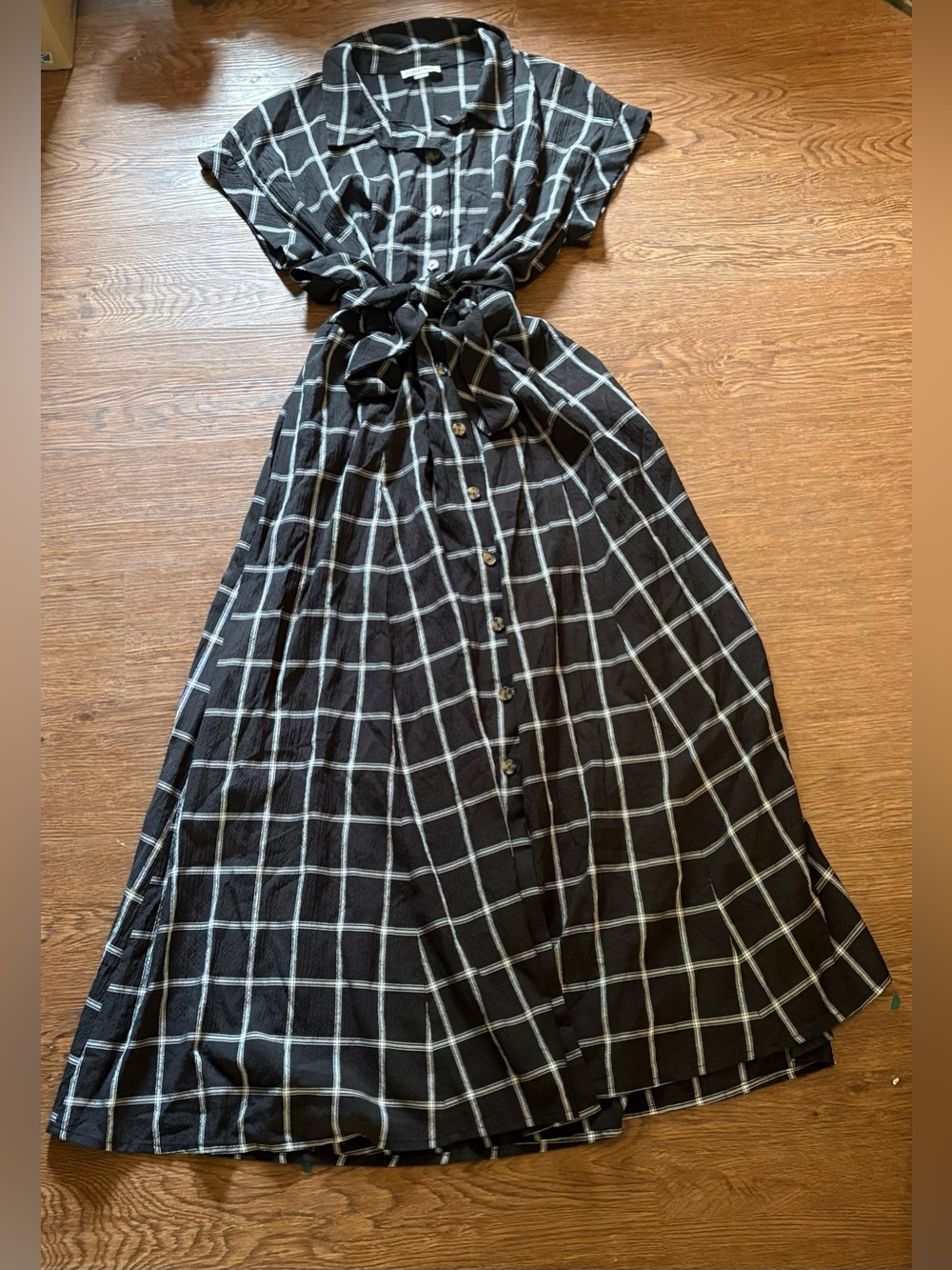 Calvin Klein Plaid Print Gauze Maxi Shirtdress Check Tie Waist Size 14